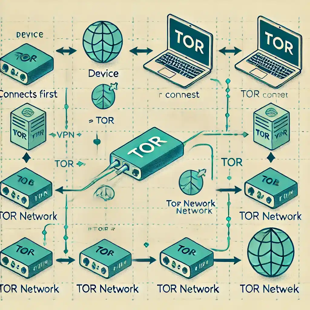 A detailed diagram illustrating the integration of Tor and a VPN. The diagram should show two setups_ one where the VPN connects first