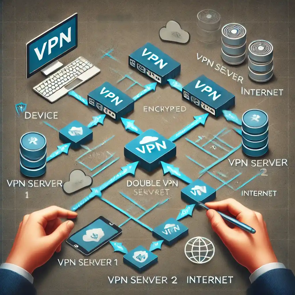 A diagram illustrating data flow through two VPN servers in a double VPN setup. The data starts from the user's device, gets encrypted, and is routed