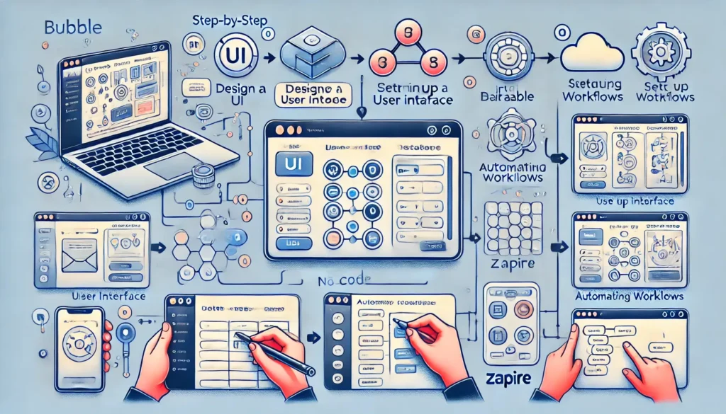 A step-by-step visual guide showing the interface of the no-code platform Bubble, with sections for designing a user interface (UI), setting up a data