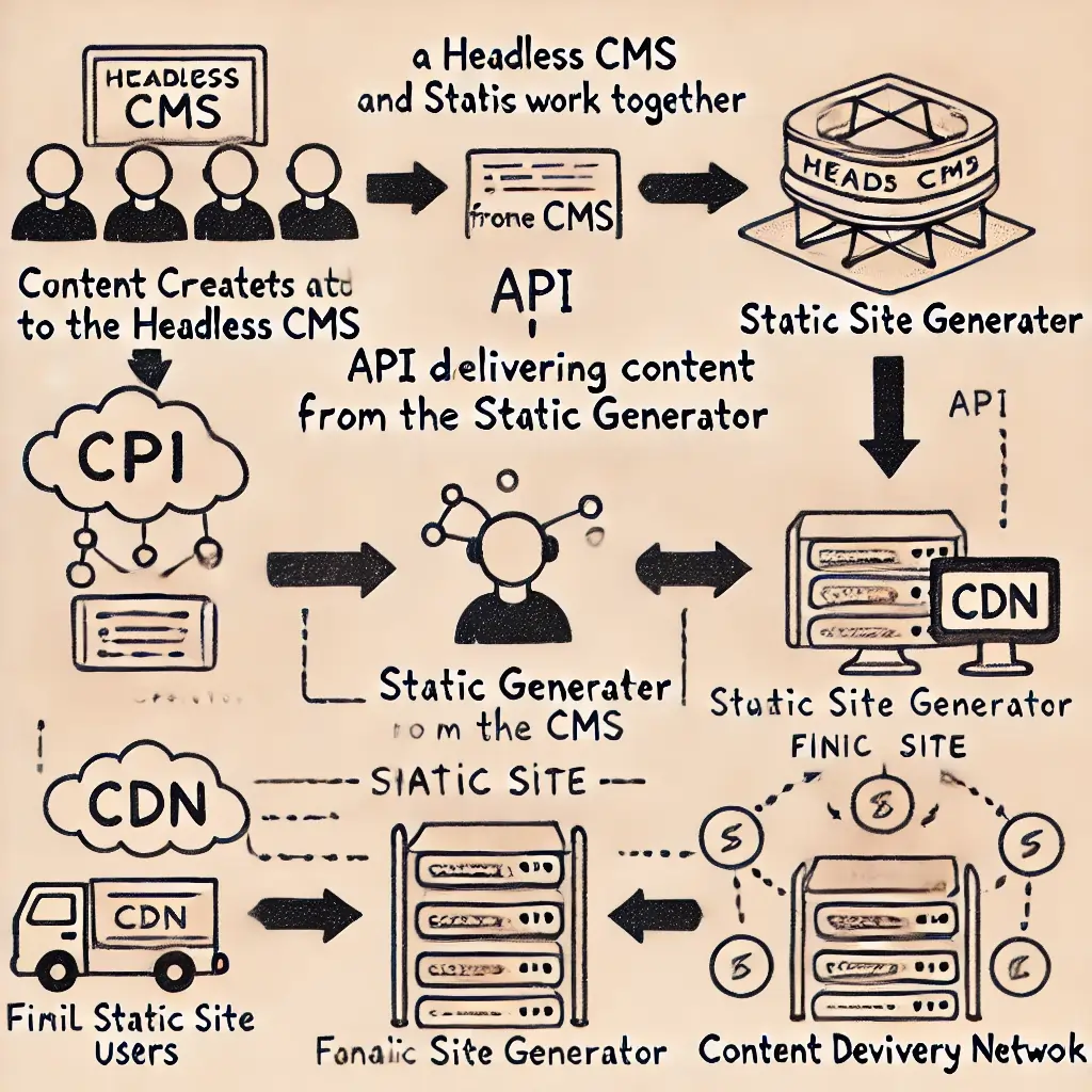 A visual diagram showing how a Headless CMS and Static Site Generator work together. The diagram should include 1) Content creators adding content to