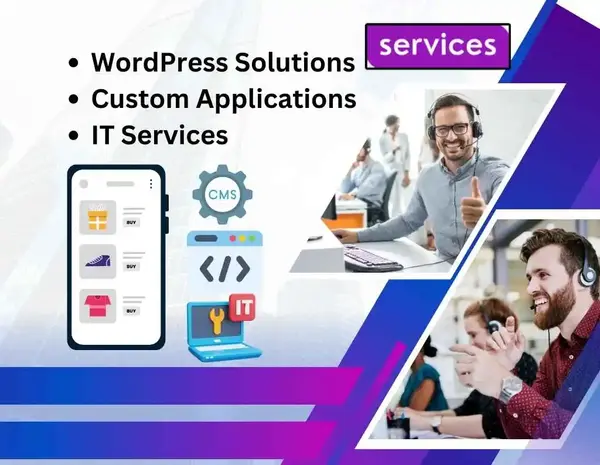 A photo showing the services for wordpress website development, custom applications and IT services with mobile and code snapshot