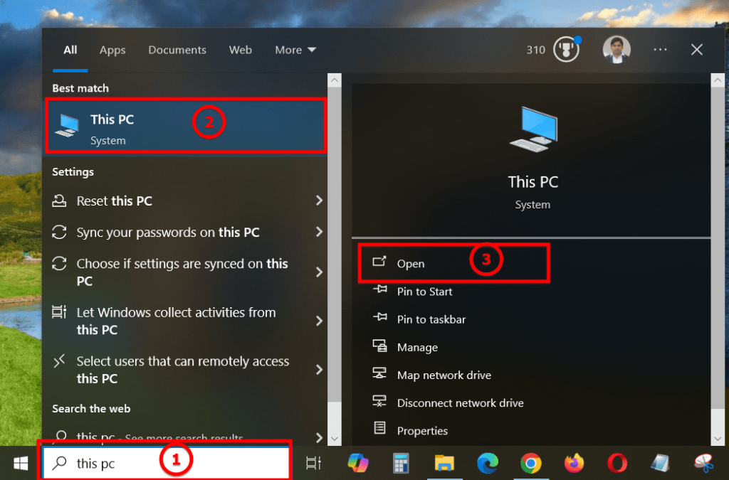 Searching "This PC" computer icon to open it. The search is showing the steps to follow and you will open "This PC"