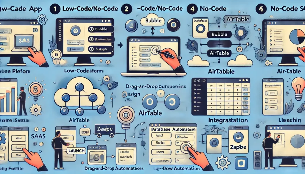 Step-by-step visuals for building a Low-Code_No-Code SaaS application, focusing on platforms like Bubble and Airtable