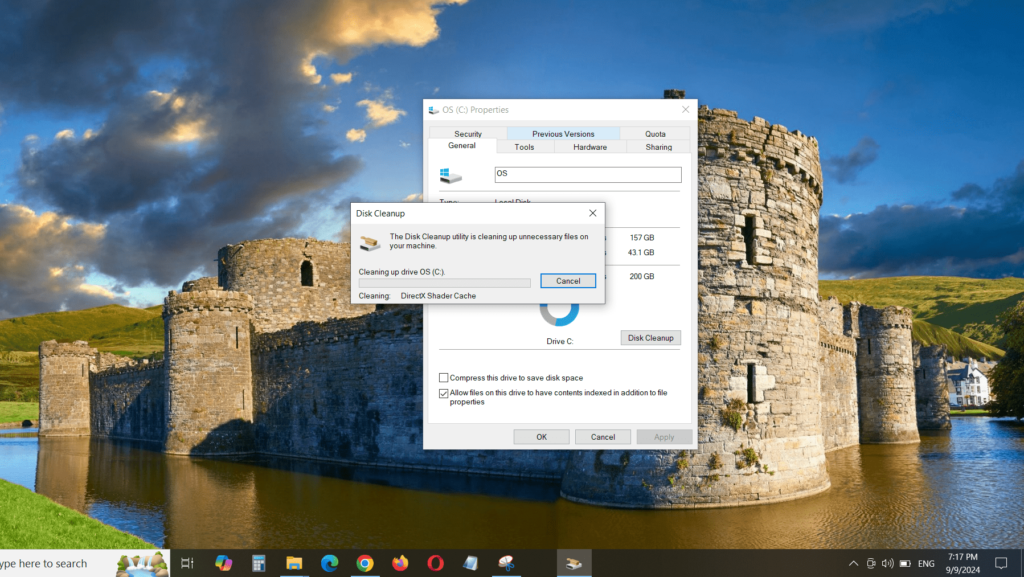 The Disk Cleanup window showing the process cleaning the disk