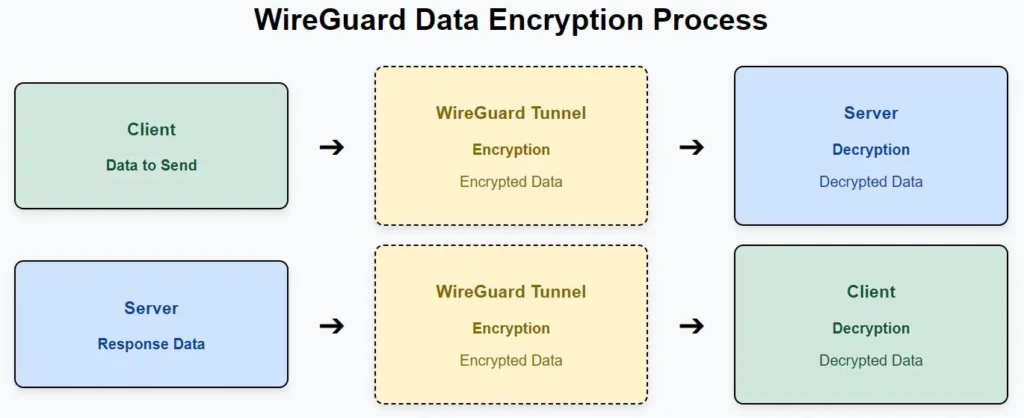 A diagram showing how WireGuard encrypts data and sends it through the tunnel from client to server and back.