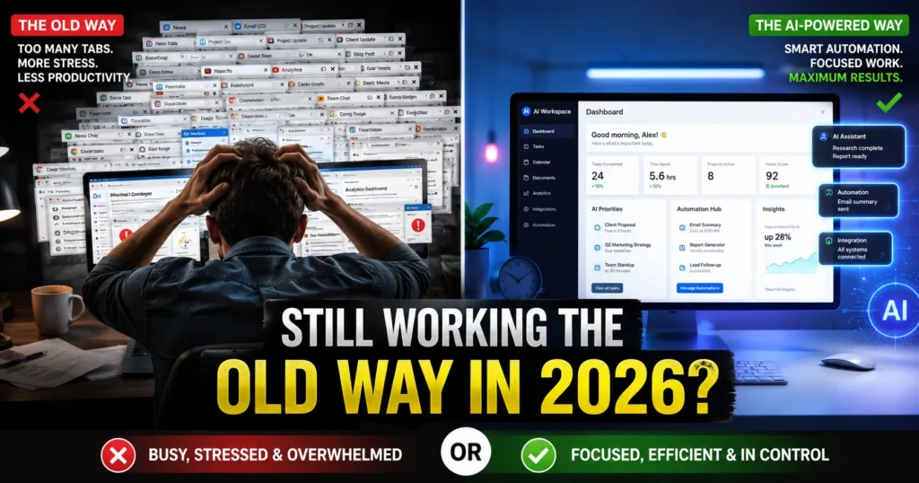 A split-screen showing a stressed worker surrounded by dozens of browser tabs versus an organized AI-powered digital workspace with automation dashboards.