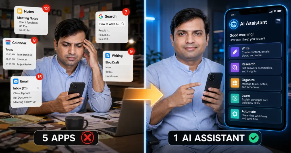 Professional using an AI assistant app to replace email, notes, calendar, search, and writing tools, improving productivity and workflow management in 2026.