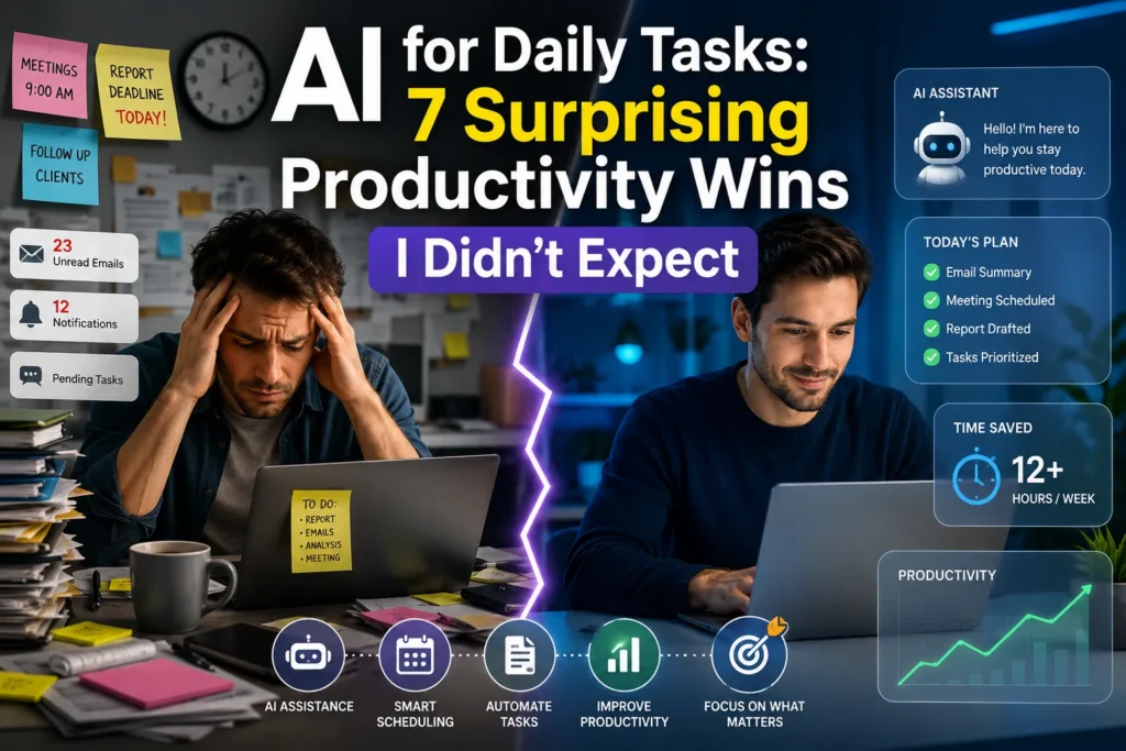 Professional using AI for daily tasks to automate work, improve productivity, save time, and streamline workflow in 2026