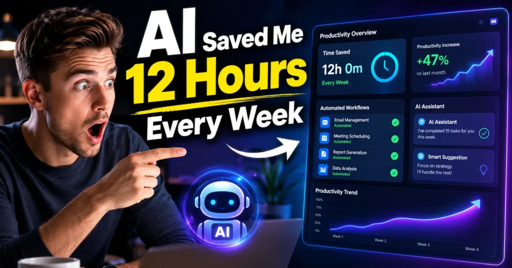 Person shocked by AI productivity dashboard showing 12 hours saved weekly through automated workflows, AI assistant notifications, and increasing productivity metrics.