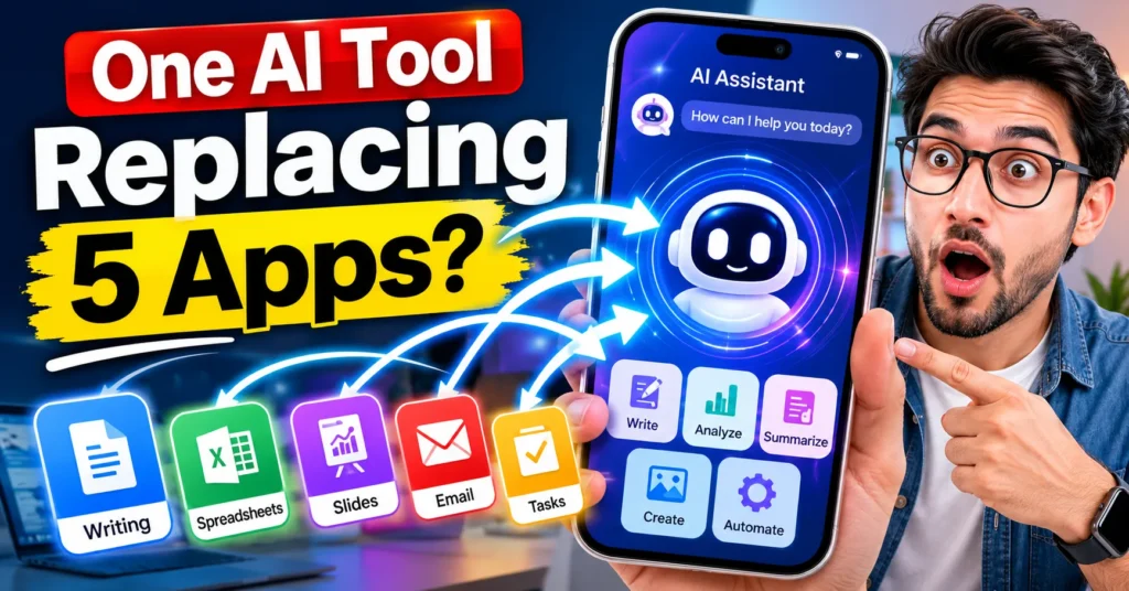 Smartphone displaying an AI assistant that replaces multiple productivity apps including email, spreadsheets, notes, design, and chat tools in 2026.