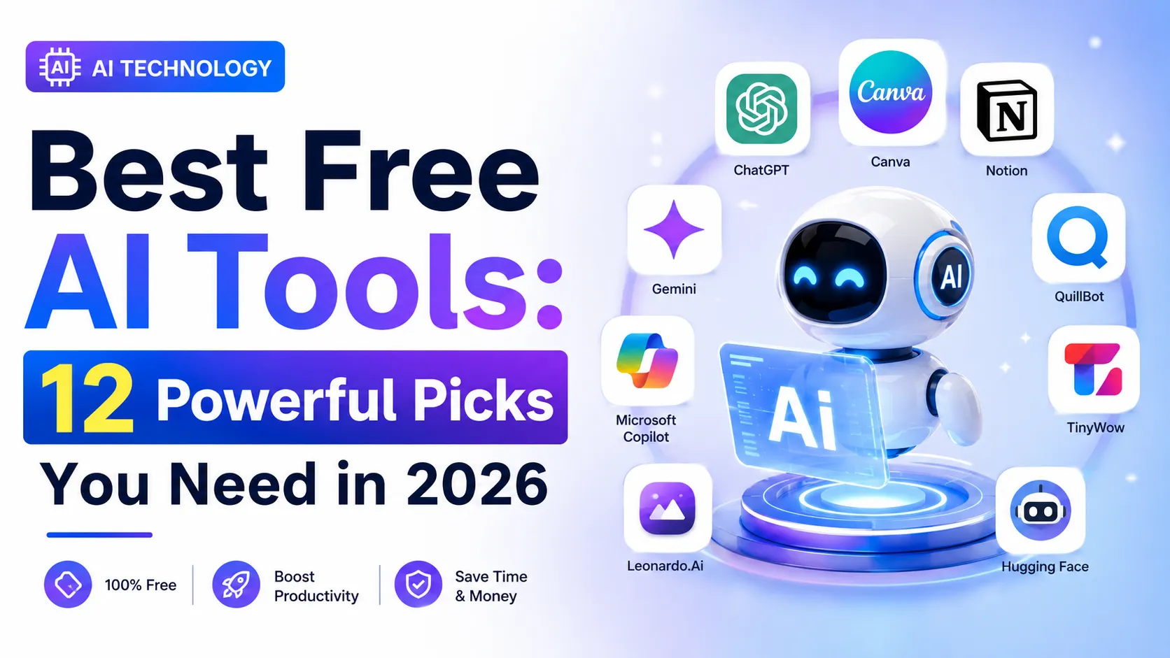 Best free AI tools 2026 showcasing ChatGPT, Google Gemini, Microsoft Copilot, and other productivity AI tools for automation and daily tasks