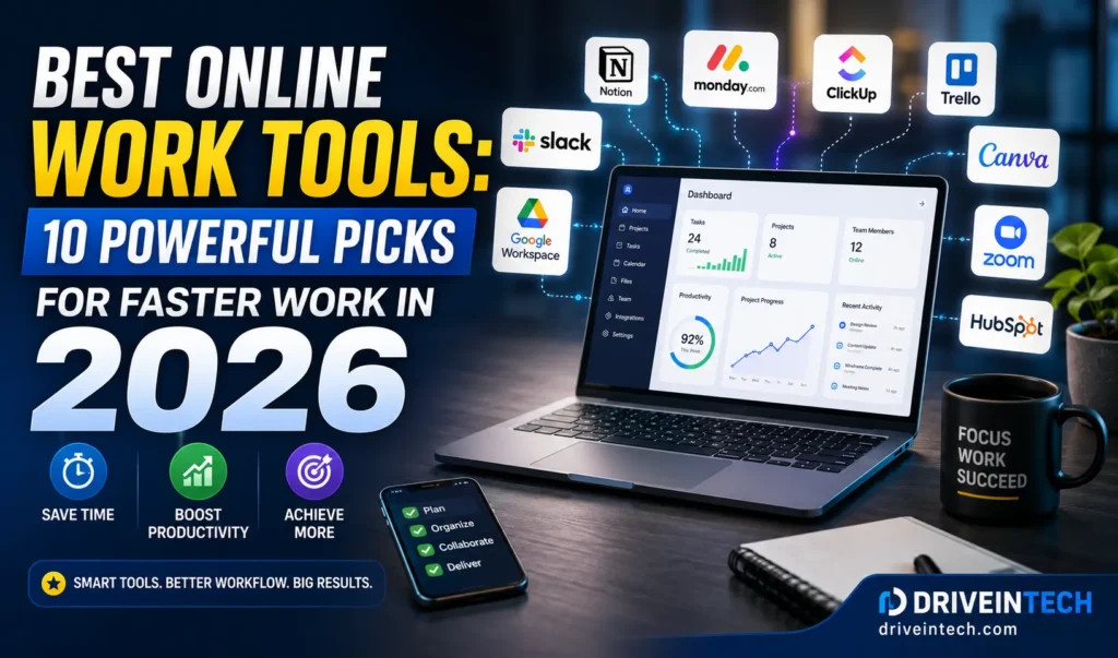 Best Online Work Tools in 2026 showing productivity apps, project management software, collaboration platforms, and AI-powered workflow tools for faster remote work.