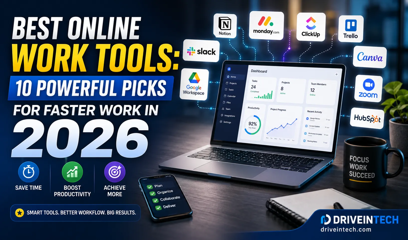 Best Online Work Tools in 2026 showing productivity apps, project management software, collaboration platforms, and AI-powered workflow tools for faster remote work.