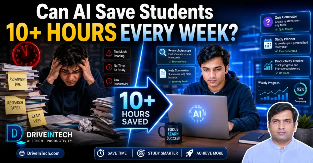 Split-screen comparison showing a stressed student buried in books versus a productive student using AI study tools on a laptop, demonstrating how artificial intelligence can save students more than 10 hours per week in 2026.