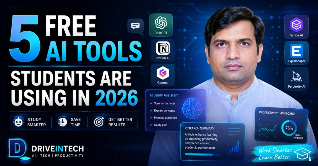 Free AI Tools for Students -University student using free AI tools for studying in 2026 with ChatGPT, NotebookLM, Copilot, GitHub Copilot, and Perplexity AI on a laptop.