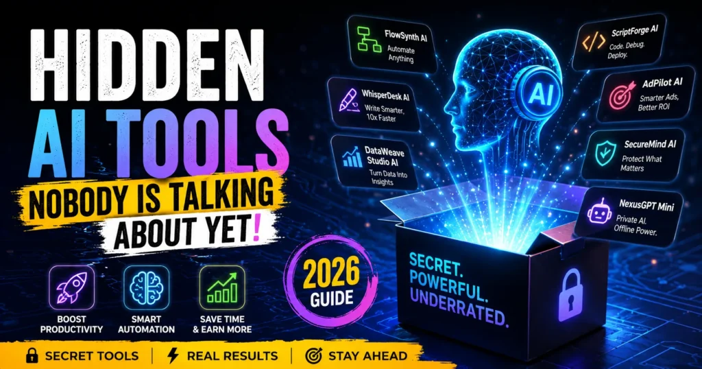 Hidden AI tools in 2026 featuring secret AI apps, underrated AI tools, automation software, productivity AI tools, and emerging artificial intelligence technologies.