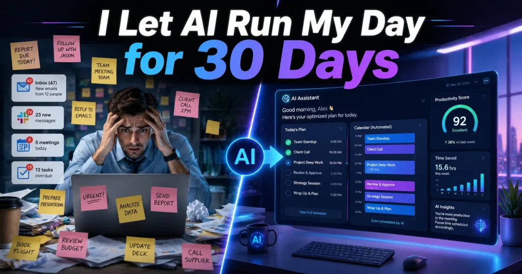 Professional comparing traditional work overload with AI-powered productivity dashboard after using artificial intelligence tools for 30 days.