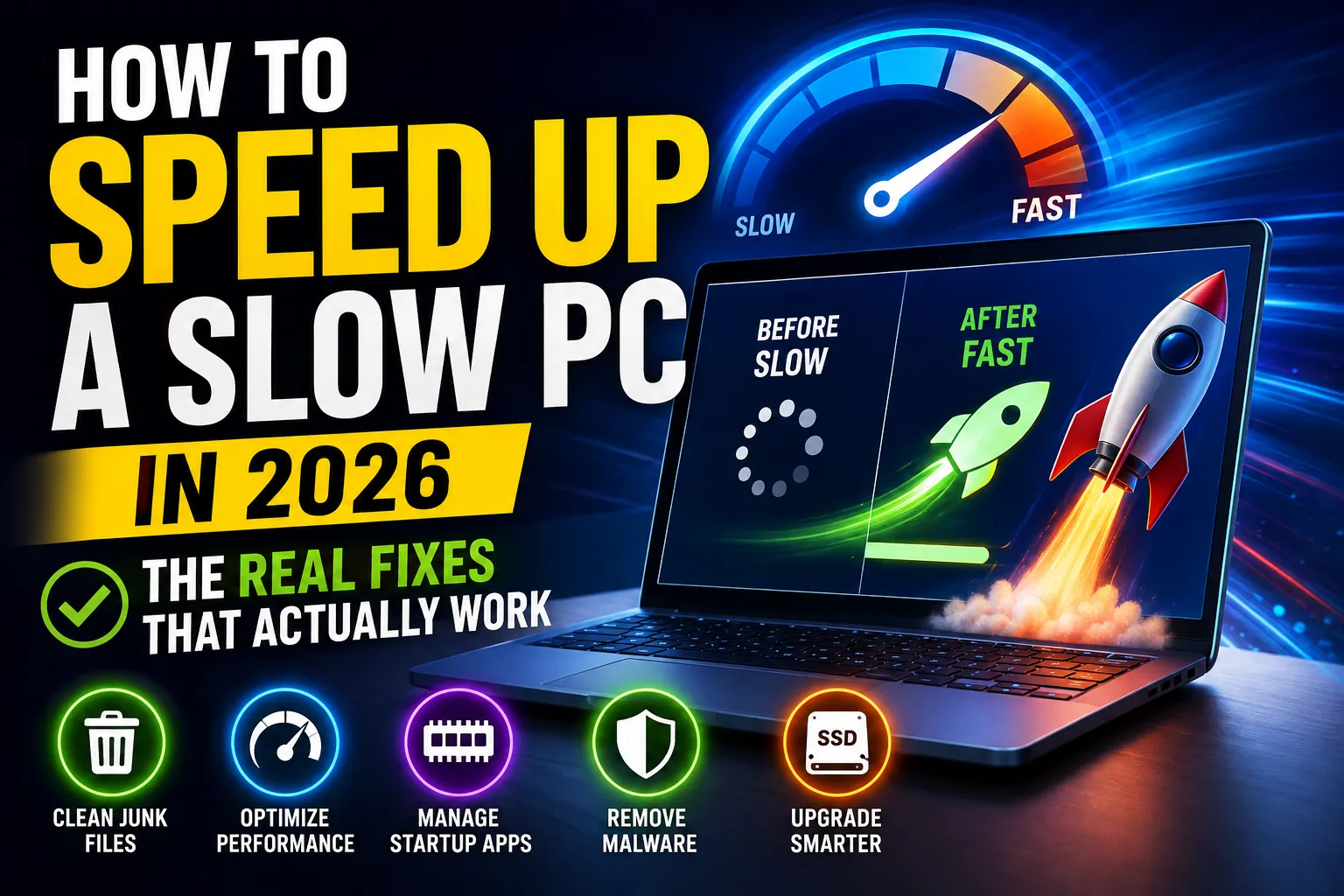 How to speed up a slow PC: Slow vs fast PC performance comparison showing a lagging computer transforming into a high-speed optimized system in 2026