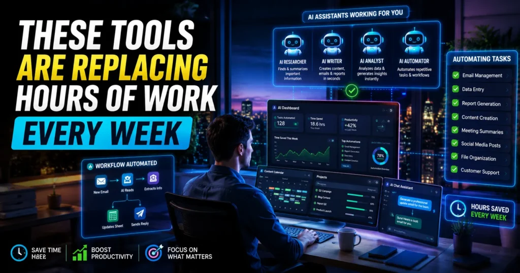 A futuristic remote worker operating multiple AI dashboards while digital assistants automate tasks in the background.
