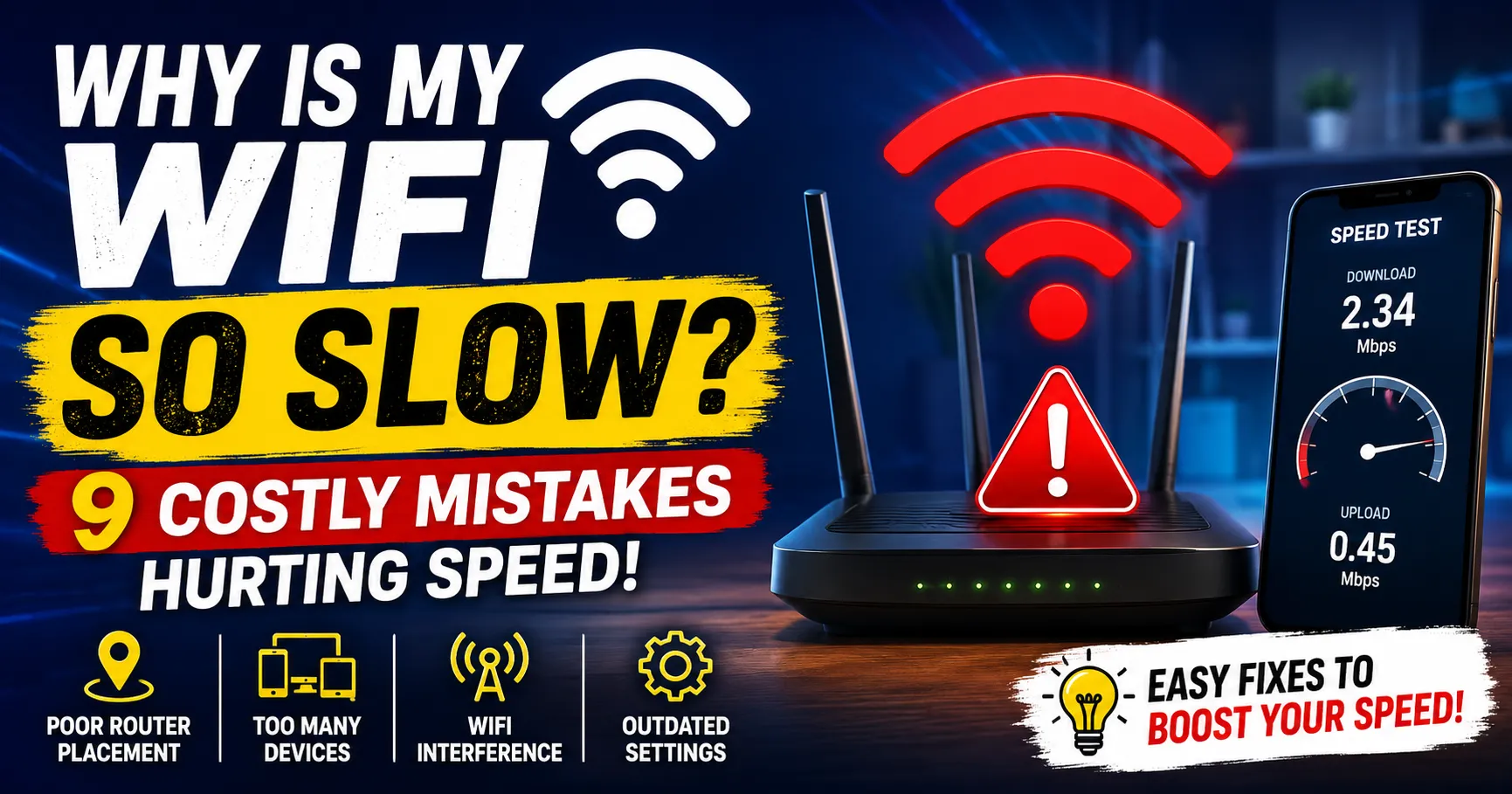 Why is my WiFi so slow infographic showing 9 common WiFi mistakes that reduce internet speed and how to fix slow WiFi at home